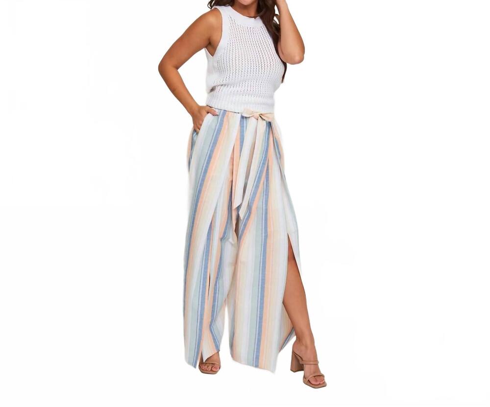 NEW ELSIE & ZOEY wynn open slit striped tie waist wide leg pants in multicolor